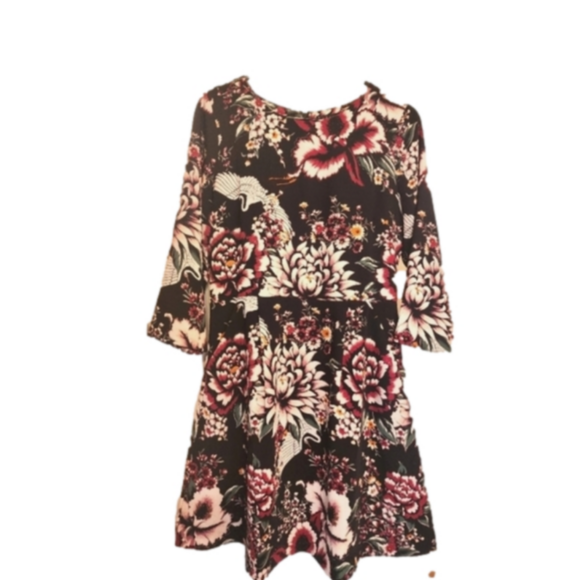 Nicole Miller Black Pink Crane Floral Print Fit Flare Dress US 8 - Picture 1 of 2